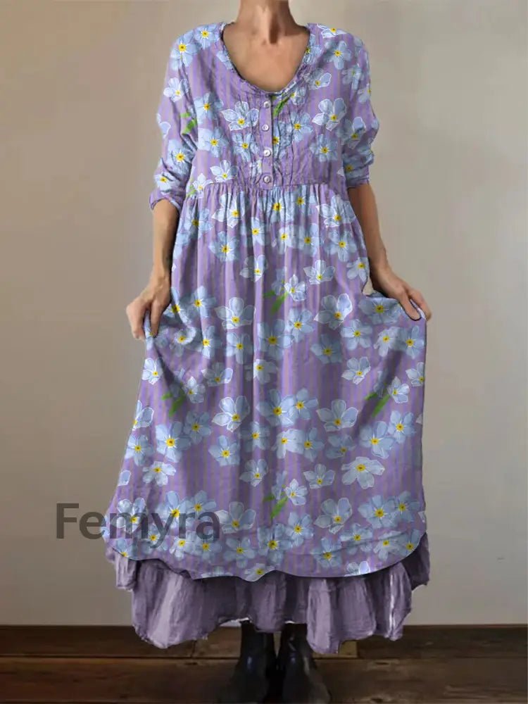 Women’s Alzheimer’s Awareness Purple Flower Printed Cotton Linen Long Sleeve Maxi Dress Purple / S