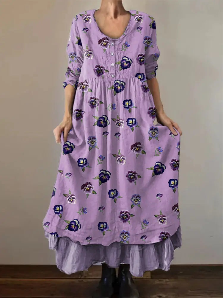 Women’s Alzheimer’s Awareness Purple Flower Printed Cotton Linen Long Sleeve Maxi Dress Purple / S