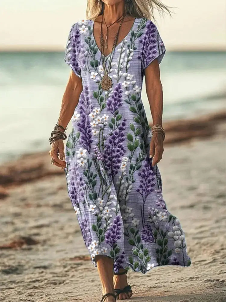 Women’s Alzheimer’s Awareness Purple Flower Printed Cotton Linen Short Sleeve Maxi Dress Purple / S