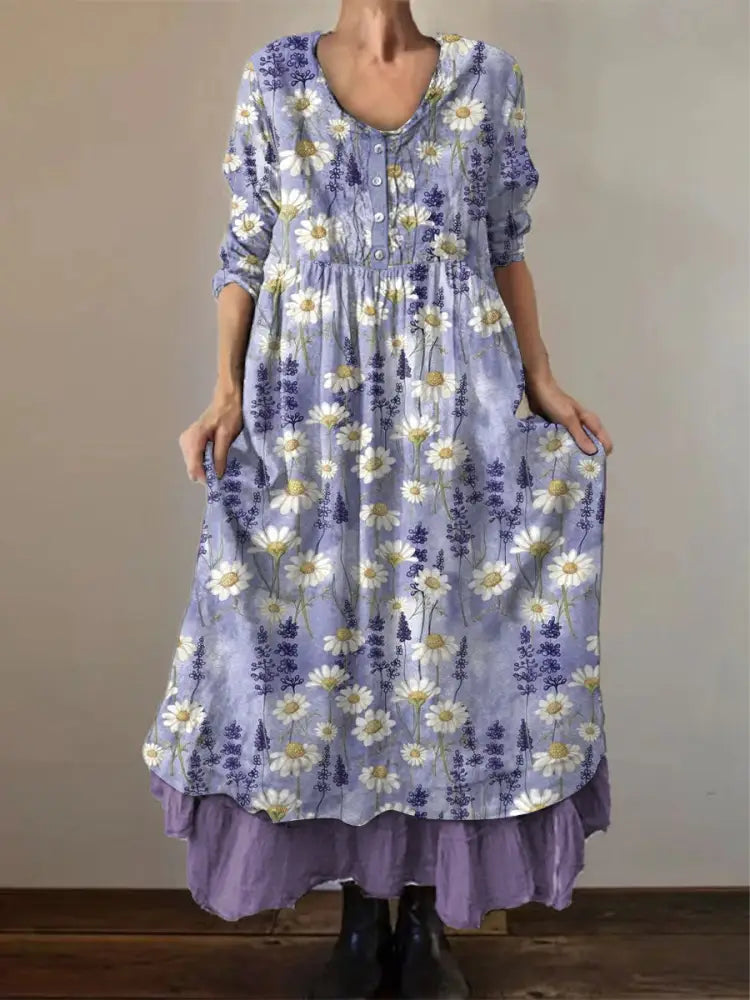 Women’s Alzheimer’s Awareness Purple Flower Printed Loose Long Sleeve Cotton Linen Dress Light Purple / S