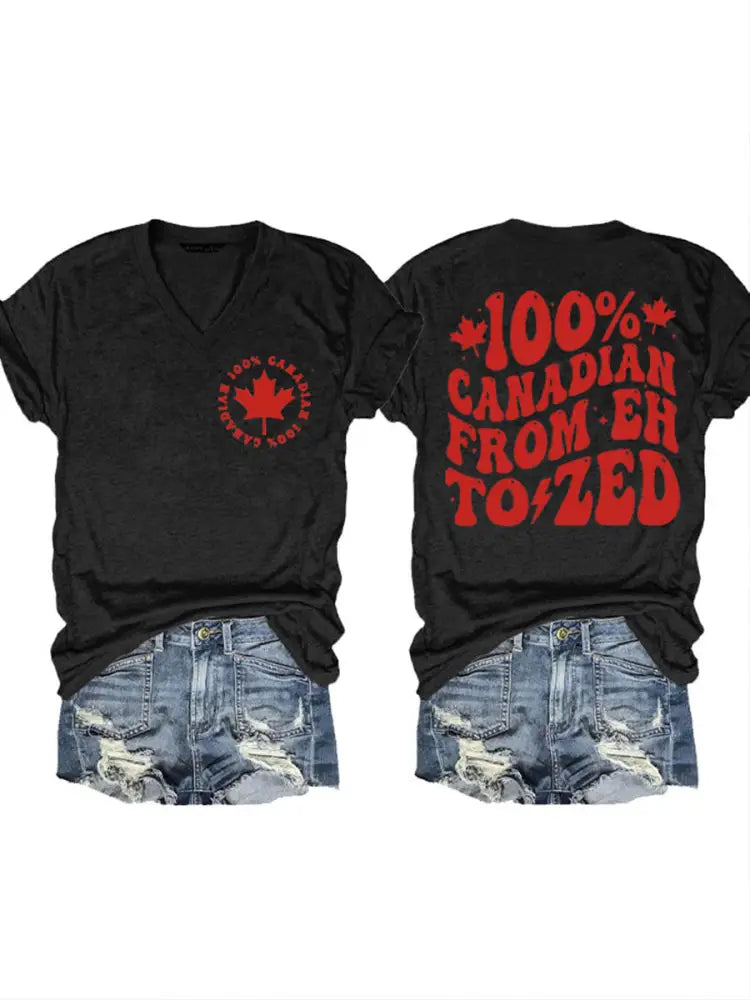 Women’s Canada 100% Canadian From ’Eh’ To ’Zed’ Printed V-neck T-shirt Black / S