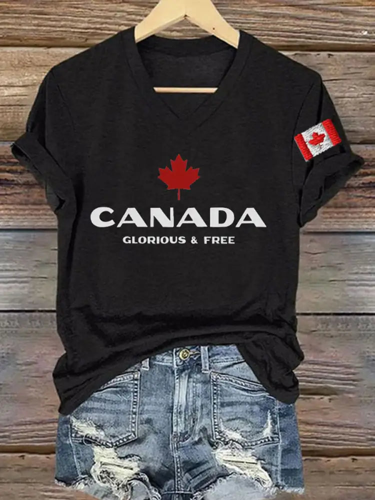 Women’s Canada Glorious And Free Printed V-neck Shirt Black / S