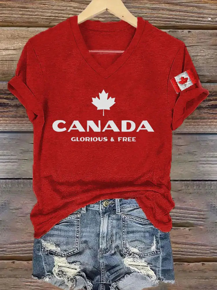 Women’s Canada Glorious And Free Printed V-neck Shirt Red / S