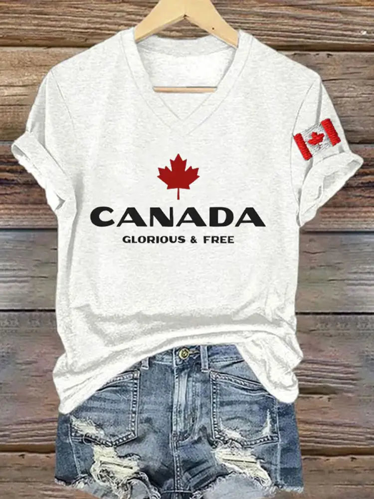 Women’s Canada Glorious And Free Printed V-neck Shirt White / S