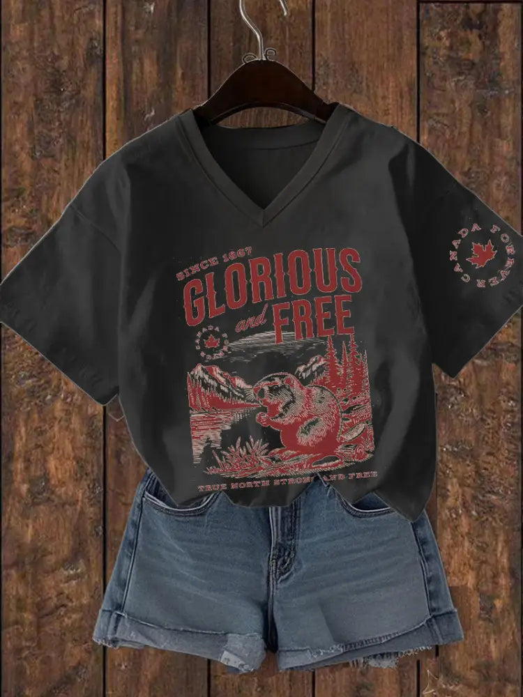 Women’s Canada Glorious And Free Printed V-neck T-shirt Black / S