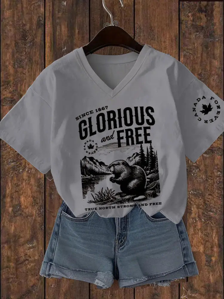 Women’s Canada Glorious And Free Printed V-neck T-shirt Light Gray / S