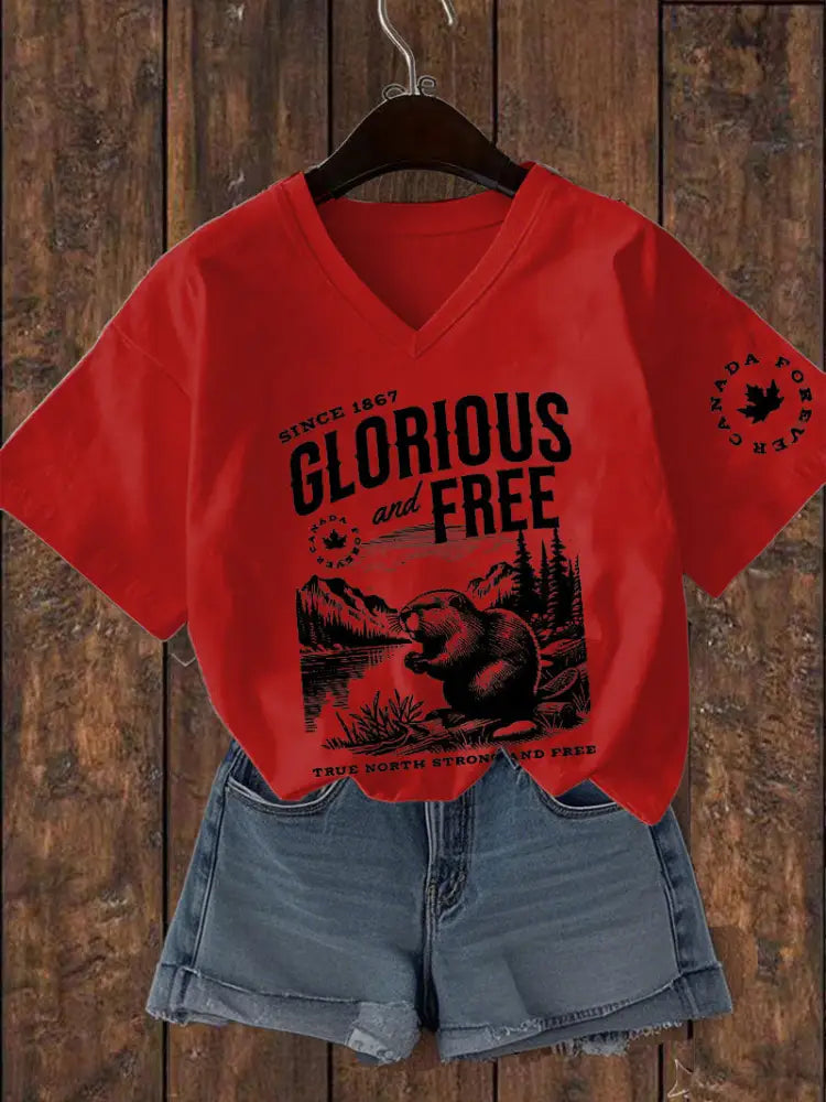 Women’s Canada Glorious And Free Printed V-neck T-shirt Red / S