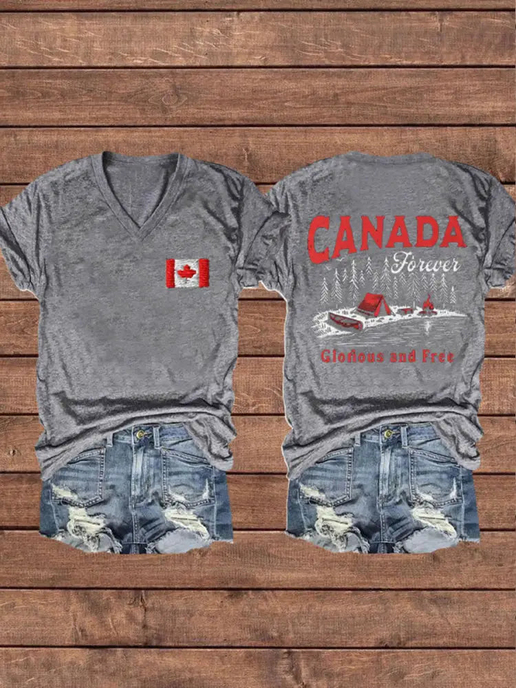 Women’s Canada Gloruous And Free Printed V-neck Shirt Light Gray / S