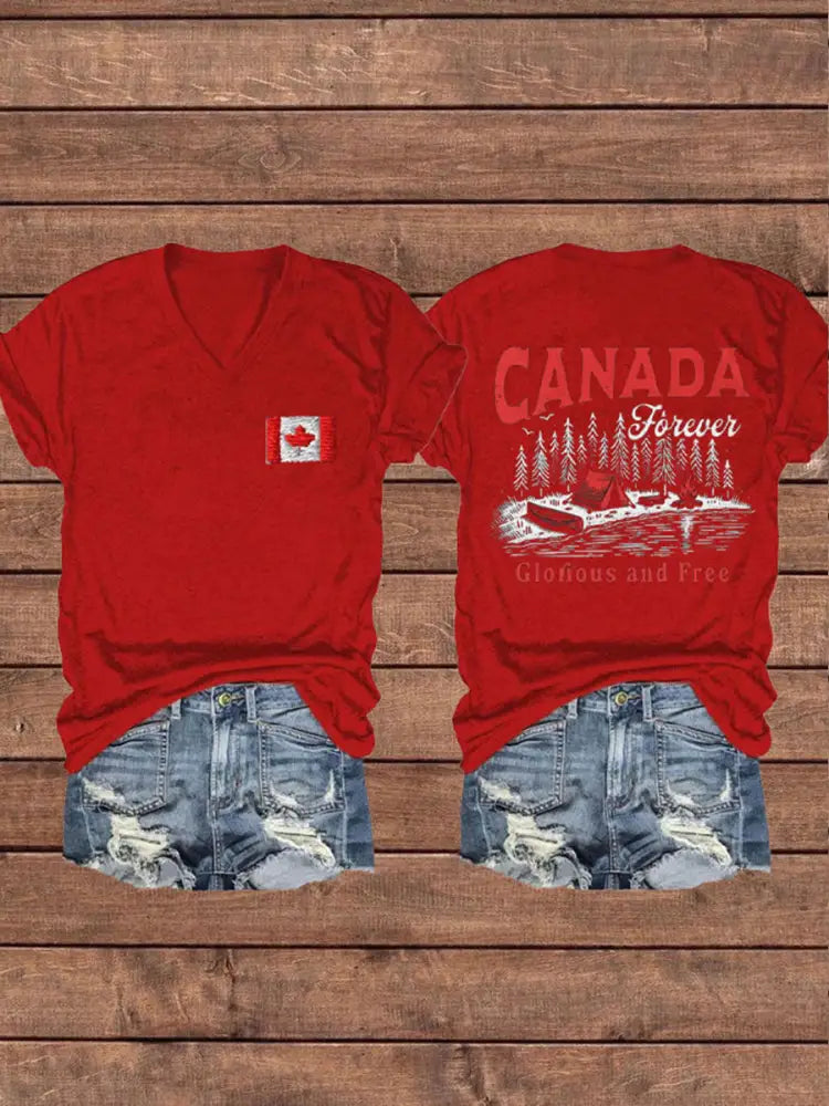 Women’s Canada Gloruous And Free Printed V-neck Shirt Red / S