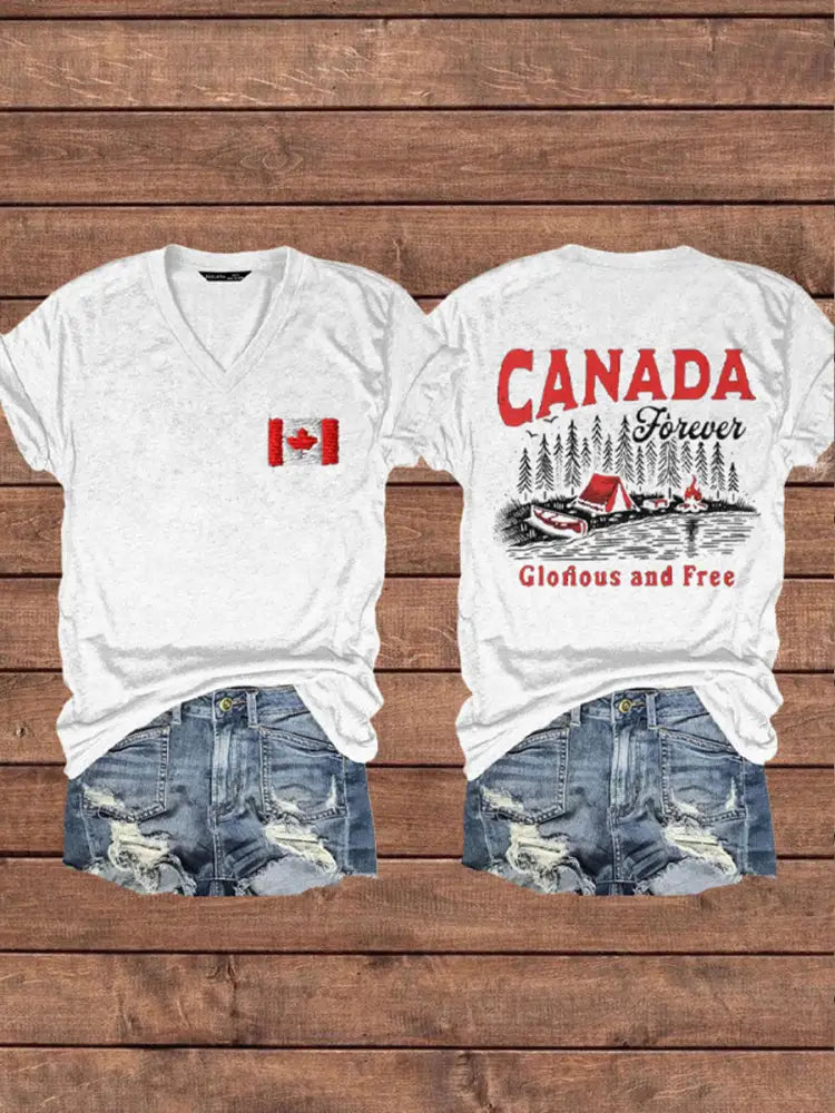 Women’s Canada Gloruous And Free Printed V-neck Shirt White / S