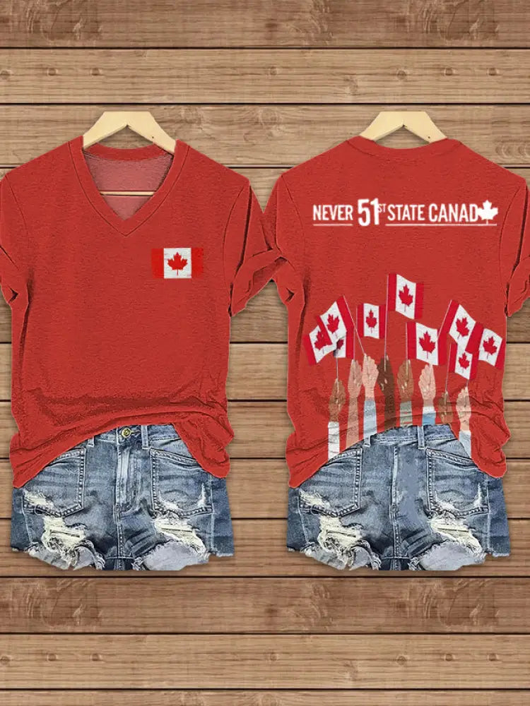 Women’s Canada Print V-Neck Short Sleeve T-Shirt Red / S