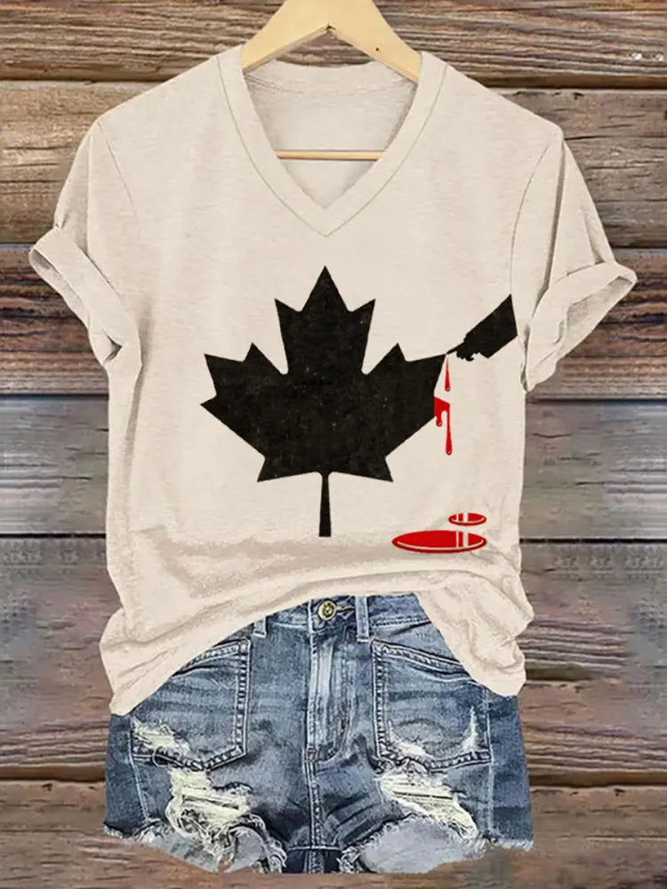 Women’s Don’t Mess With Canada Print V-Neck Short Sleeve T-Shirt Apricot / S