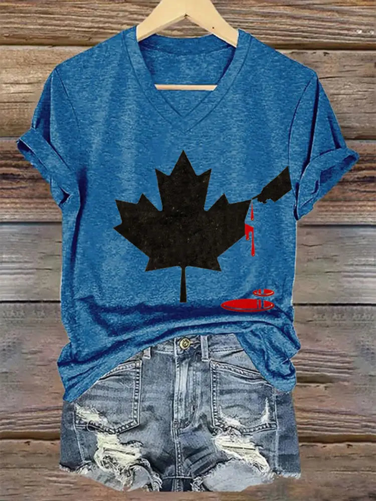 Women’s Don’t Mess With Canada Print V-Neck Short Sleeve T-Shirt Blue / S