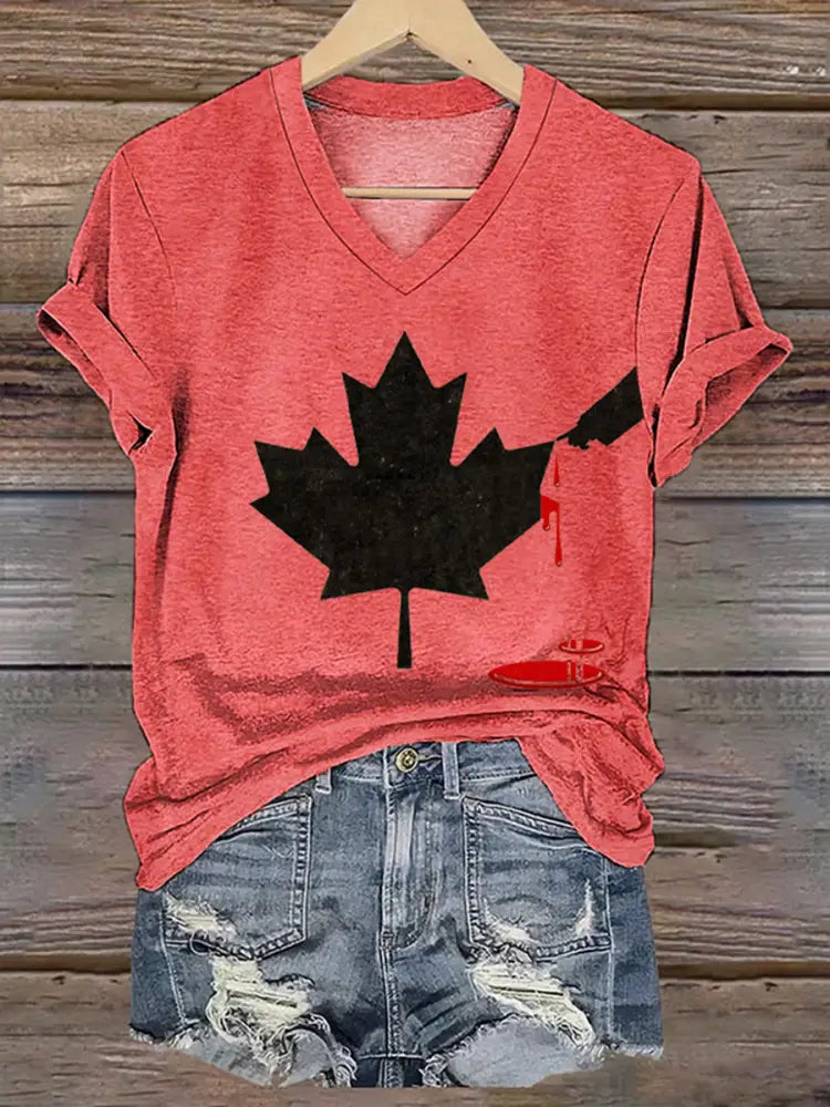 Women’s Don’t Mess With Canada Print V-Neck Short Sleeve T-Shirt Red / S