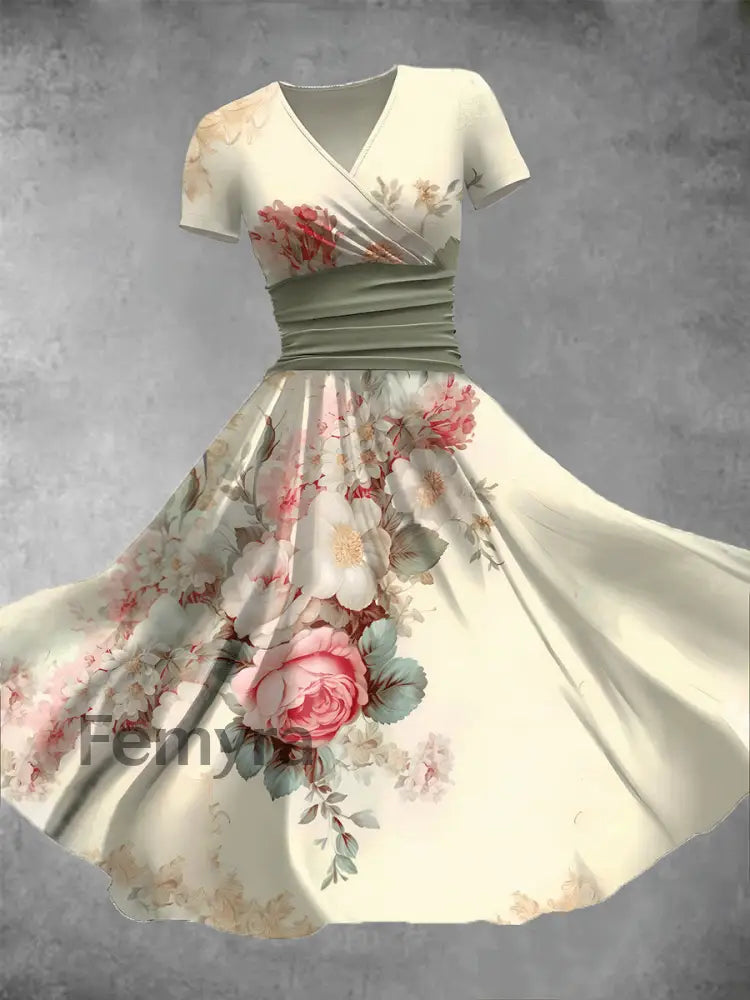 Women’s Elegant Floral Art Print V-Neck Short Sleeve Casual Vintage Dress