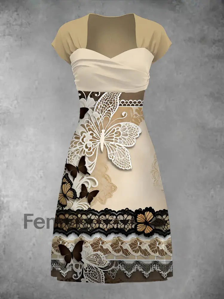 Women’s Elegant Lace Butterfly Floral Art Print Short Sleeve Casual Retro Midi Dress
