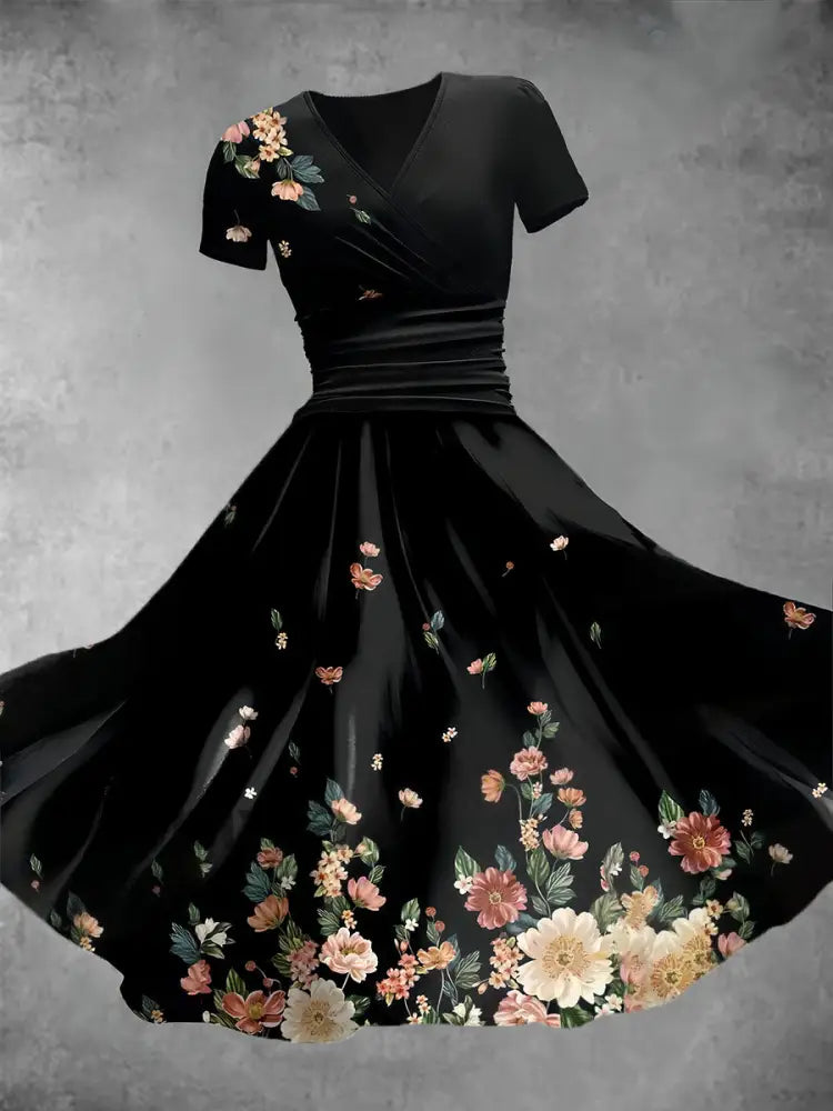 Women’s Elegant Poppy Floral Art Print Short Sleeve Casual Vintage Midi Dress