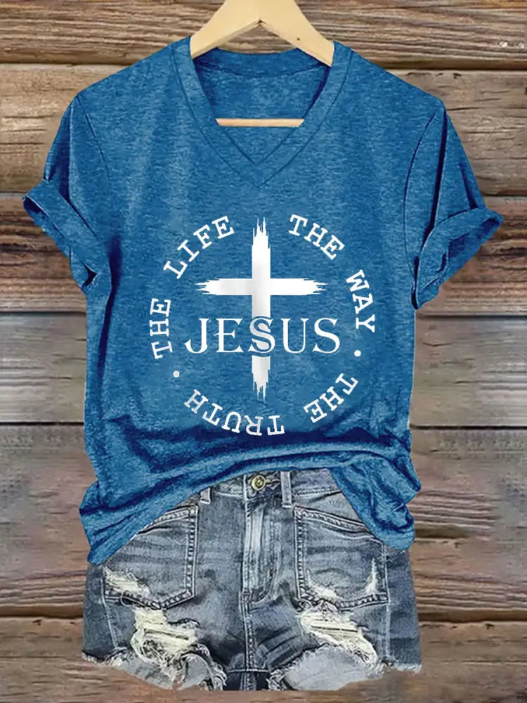 Women’s Faith Cross Jesus The Way The Truth The Life Printed Casual Short Sleeve T-Shirt Blue / S