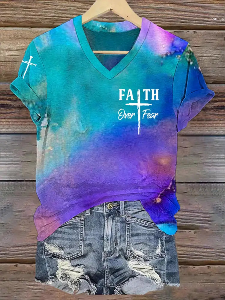 Women’s Fear Over Fear Cross Printed Casual Short Sleeve T-Shirt Picture 2 / S