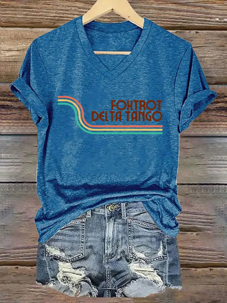 Women’s Foxtrot Delta Tango Print V-Neck T-Shirt Blue / S