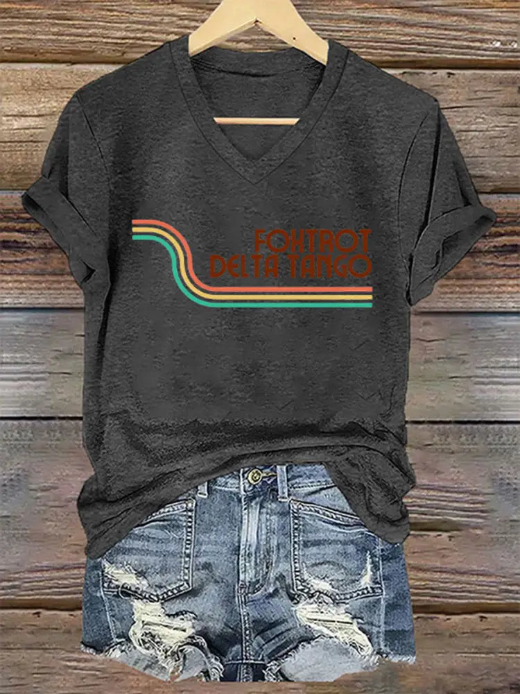 Women’s Foxtrot Delta Tango Print V-Neck T-Shirt Dark Gray / S