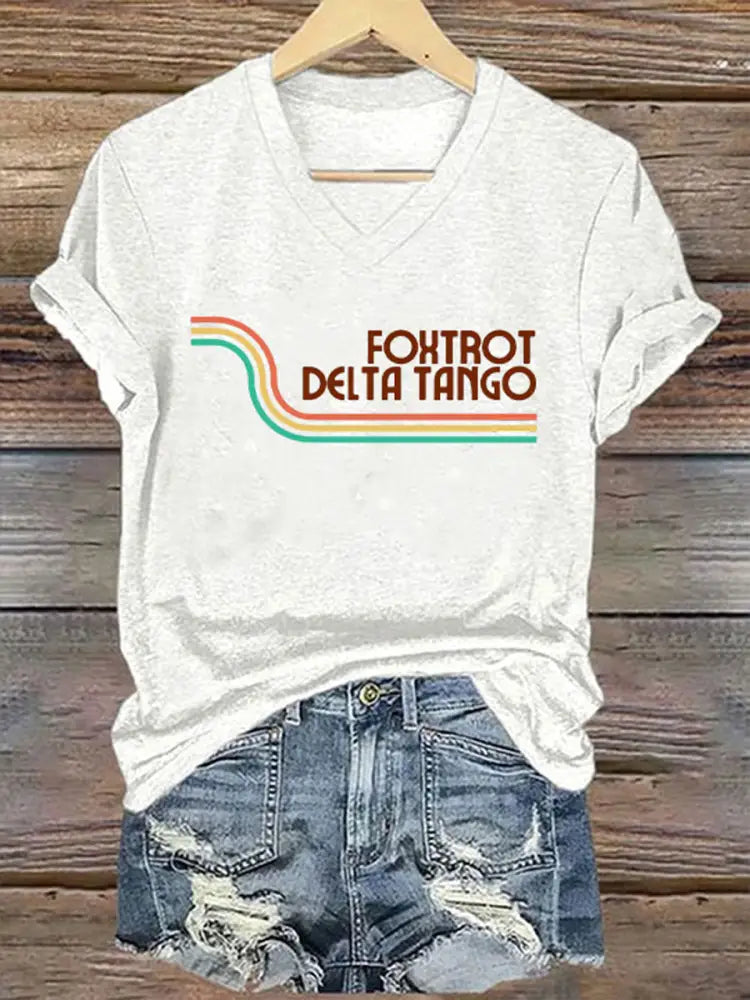 Women’s Foxtrot Delta Tango Print V-Neck T-Shirt White / S