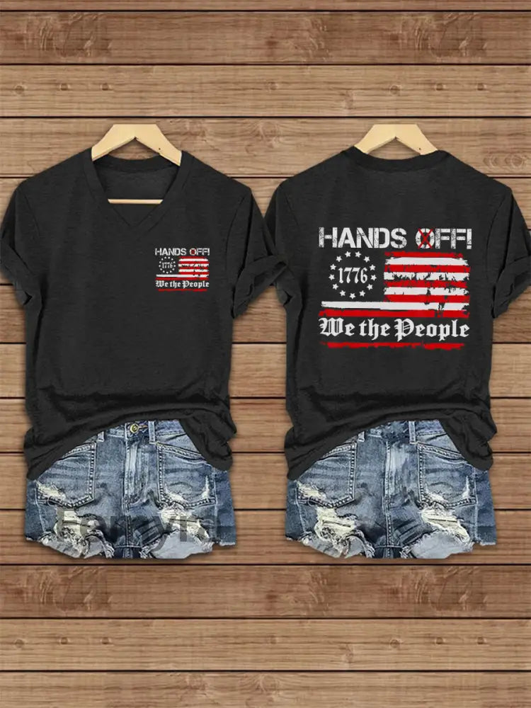 Women’s Hands Off We the People America Flag Printed Short Sleeve T-Shirt Black / S