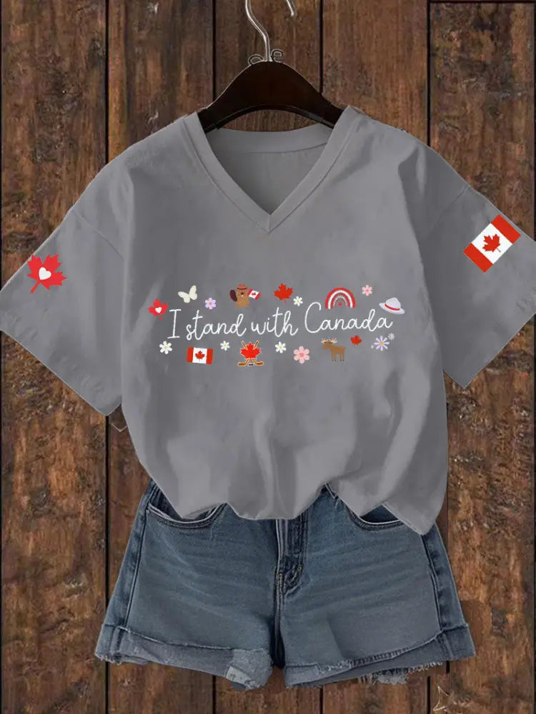 Women’s I Stand With Canada Printed V-neck T-shirt Light Gray / S