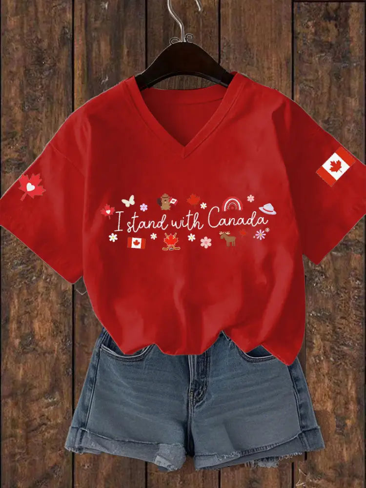 Women’s I Stand With Canada Printed V-neck T-shirt Red / S