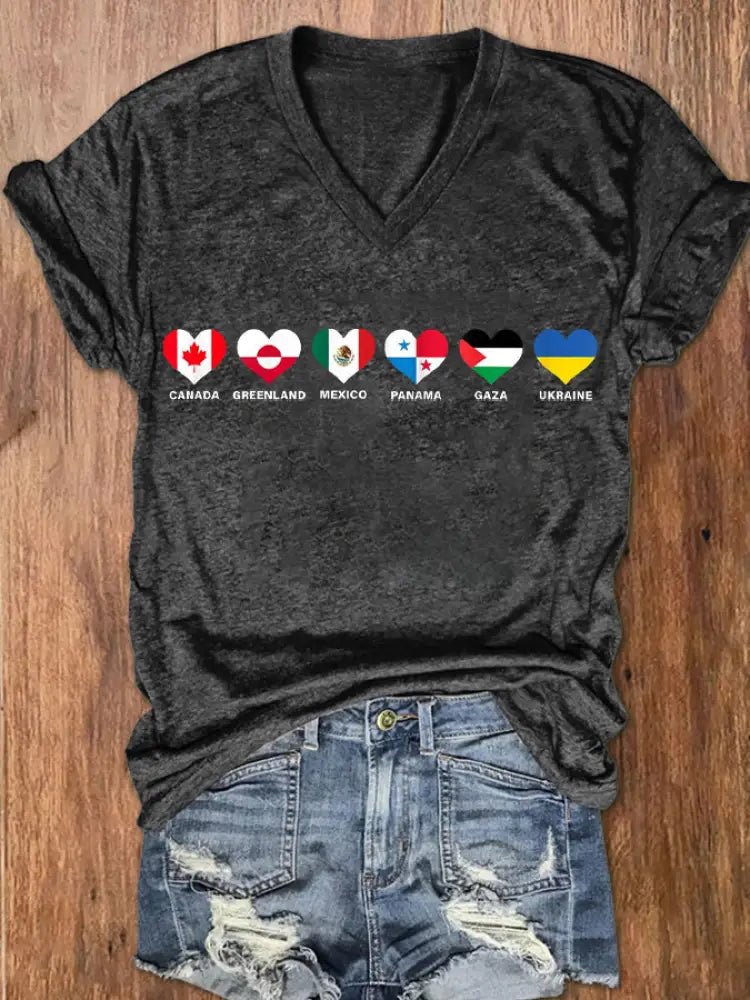 Women’s I Stand WIth Them Flags Print V-Neck Short Sleeve T-Shirt Dark Gray / S