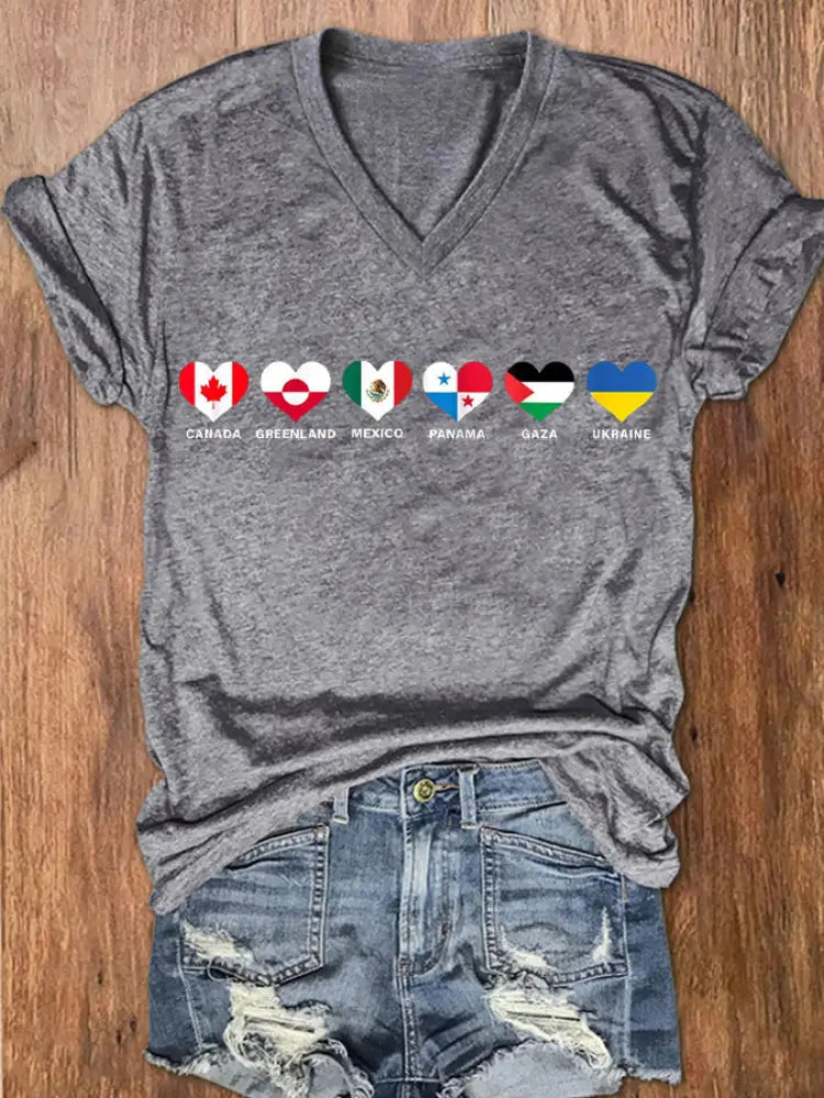Women’s I Stand WIth Them Flags Print V-Neck Short Sleeve T-Shirt Light Gray / S