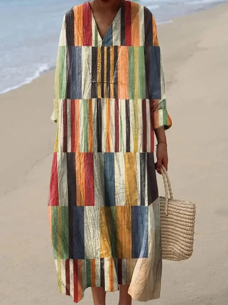 Women’s Irregular Geometric Art Print Cotton And Linen Dress Colorful / S