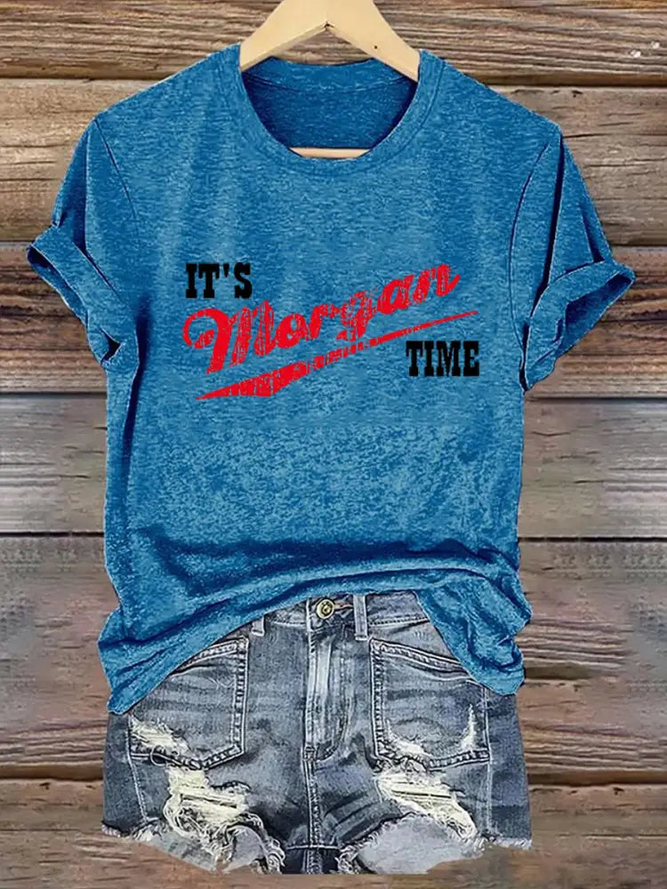 Women’s It’s Morgan Time Music Fan Printed Short Sleeve T-Shirt Blue / 2XL