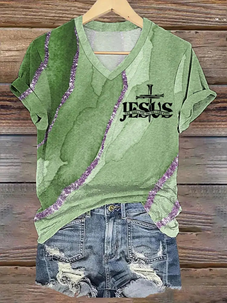 Women’s Jesus The Way The Truth The Life Cross Faith Art Print Casual V-Neck Tee Green / S