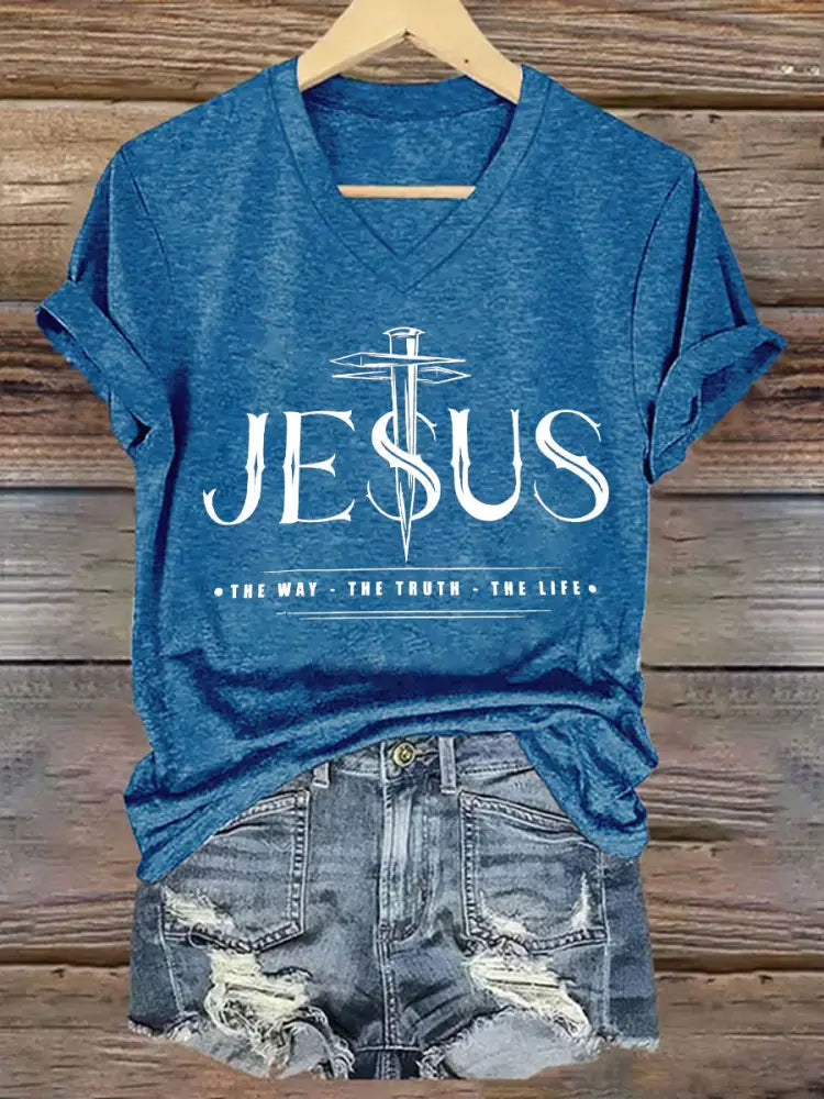 Women’s Jesus The Way The Truth The Life Printed Casual Short Sleeve T-Shirt Blue / S