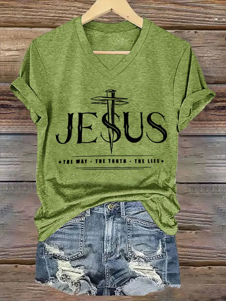 Women’s Jesus The Way The Truth The Life Printed Casual Short Sleeve T-Shirt Green / S