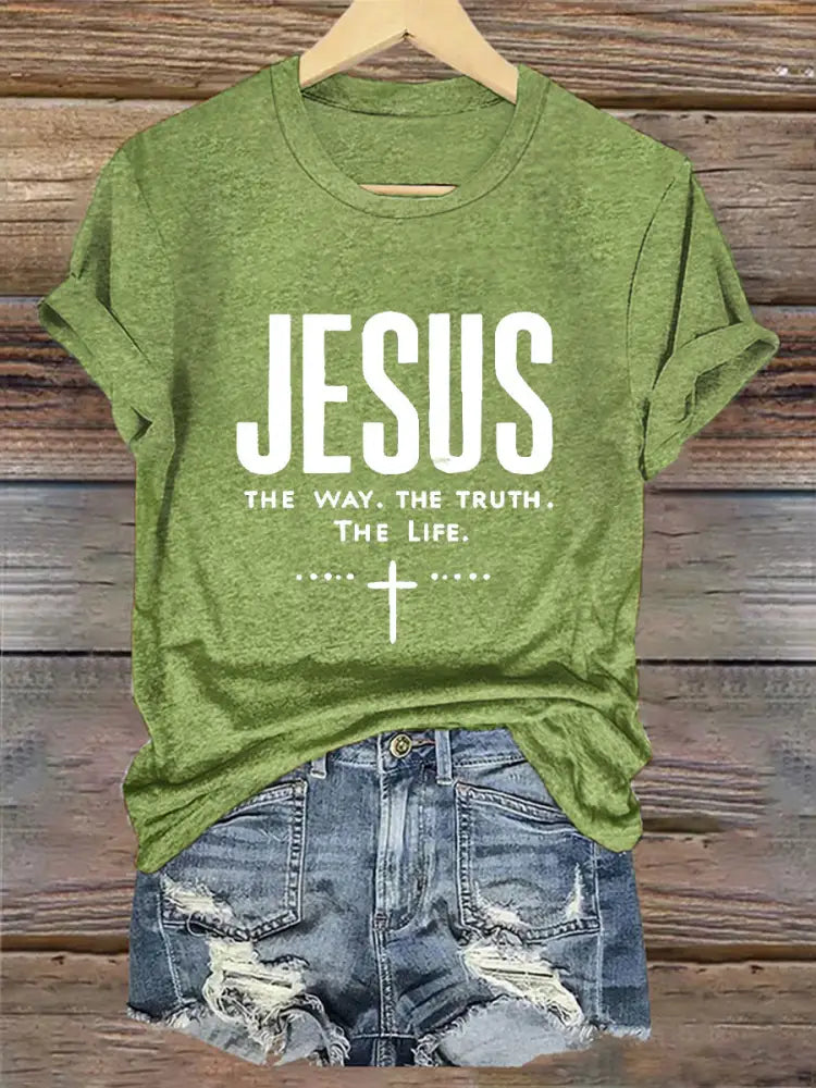 Women’s Jesus The Way The Truth The Life Printed Casual Short Sleeve T-Shirt Green / S
