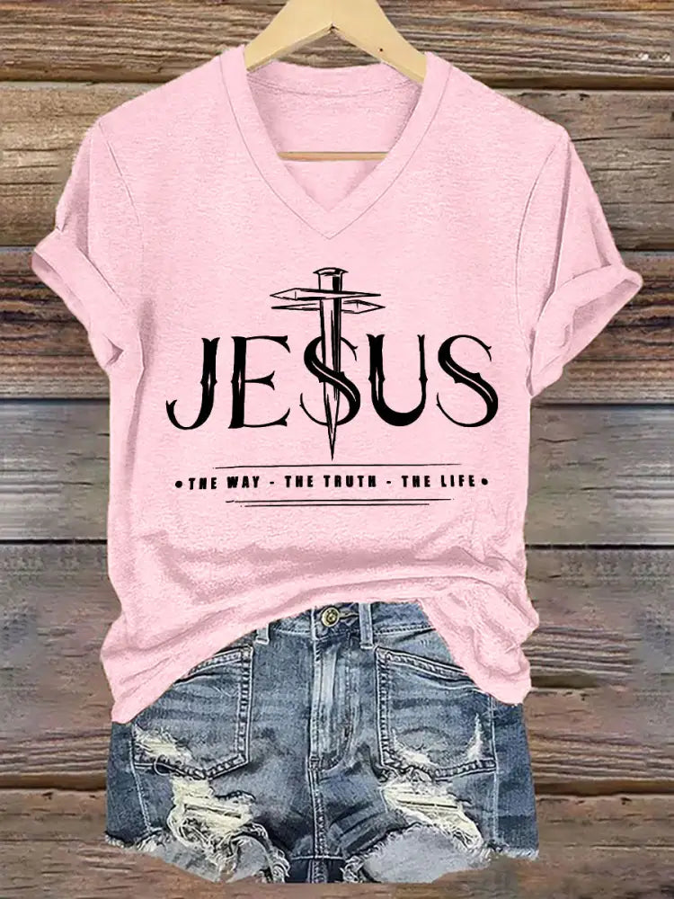 Women’s Jesus The Way The Truth The Life Printed Casual Short Sleeve T-Shirt Light Pink / S