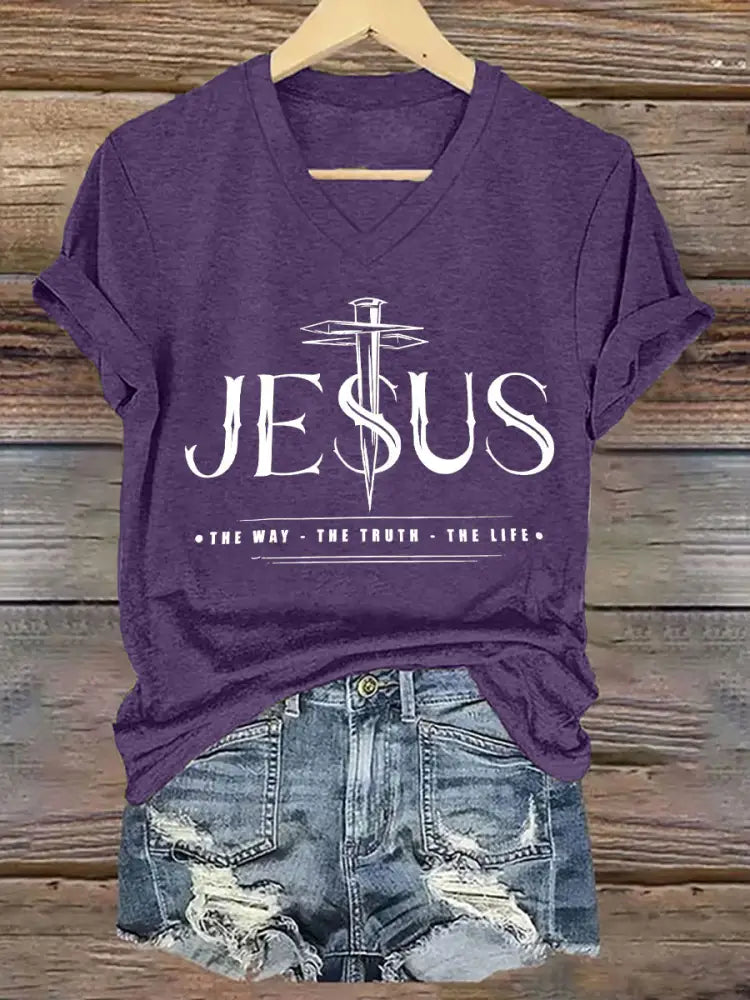 Women’s Jesus The Way The Truth The Life Printed Casual Short Sleeve T-Shirt Purple / S
