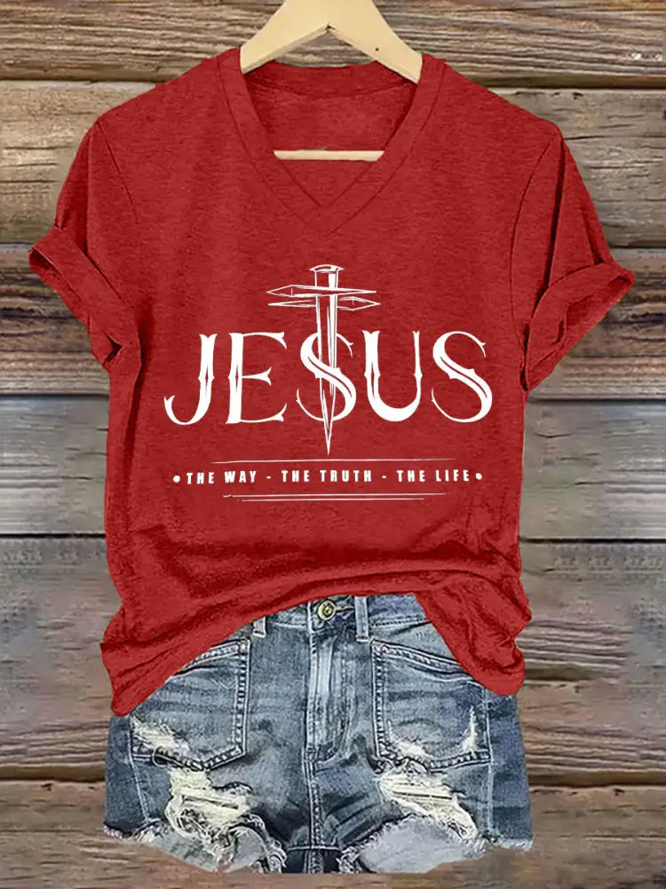 Women’s Jesus The Way The Truth The Life Printed Casual Short Sleeve T-Shirt Red / S