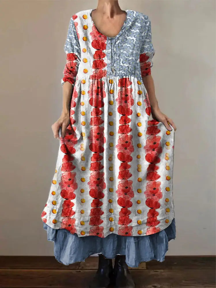 Women’s Memorial Day Poppy Flag Veteran Printed Dress As picture / S