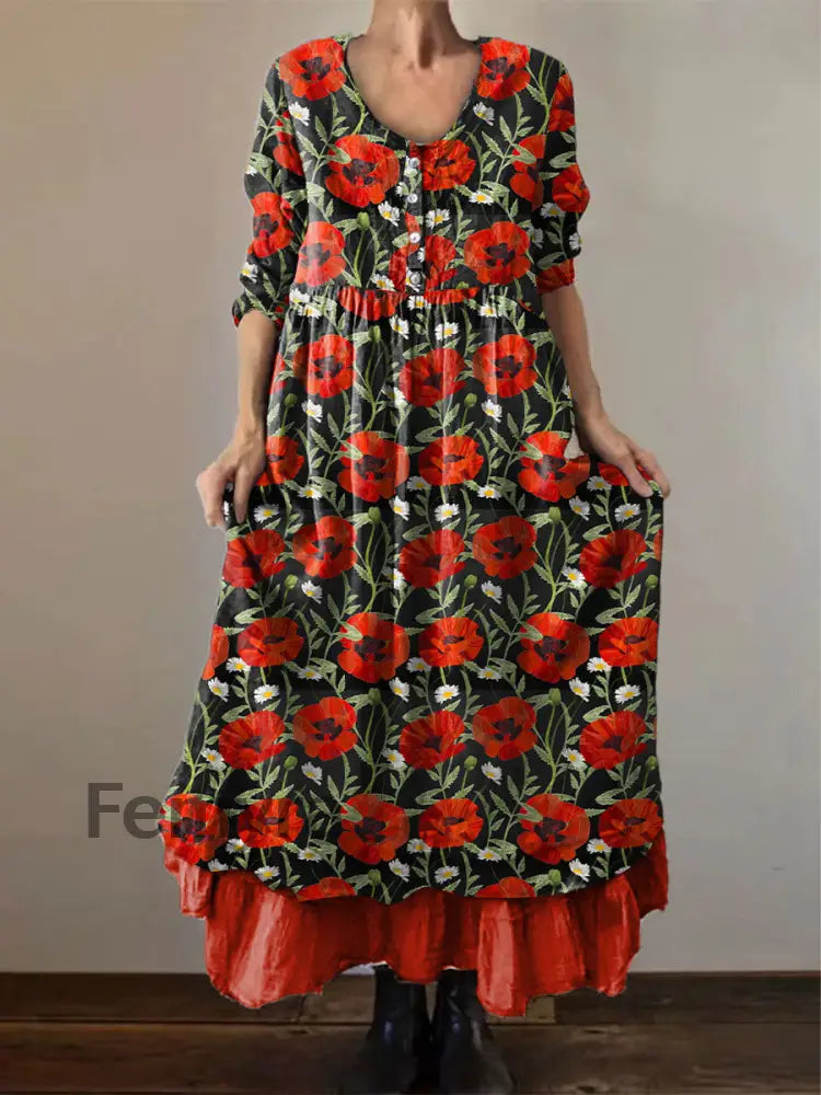 Women’s Memorial Day Poppy Flag Veteran Poppy Flag Printed Dress Red / S