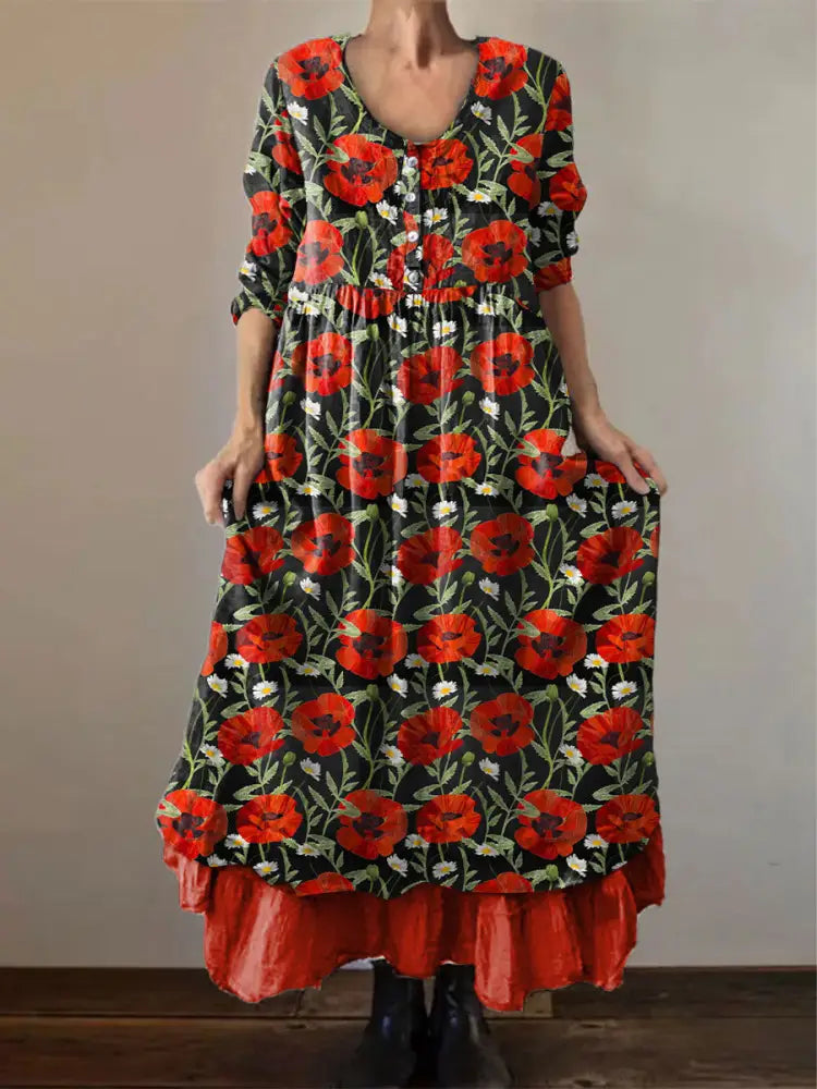 Women’s Memorial Day Poppy Flag Veteran Poppy Flag Printed Dress Red / S