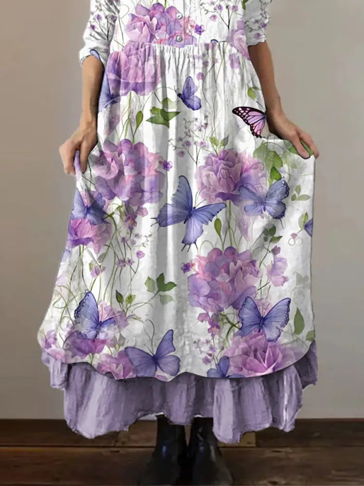 Women’s Purple Butterflies Flowers Print Alzheimer’s Awareness Support Dress
