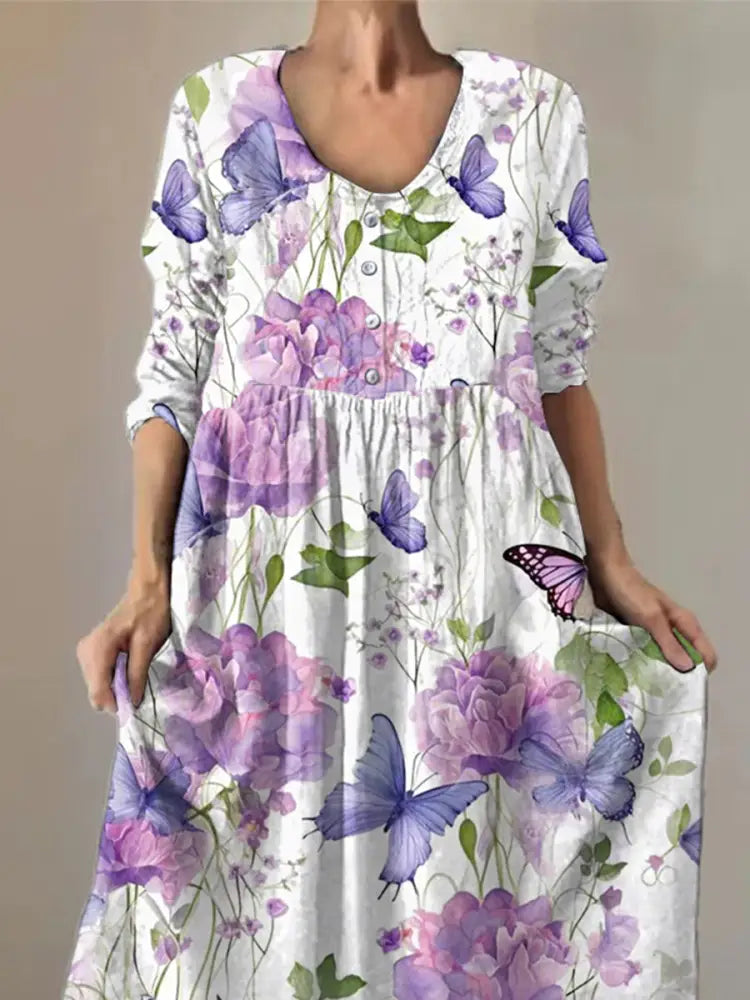 Women’s Purple Butterflies Flowers Print Alzheimer’s Awareness Support Dress