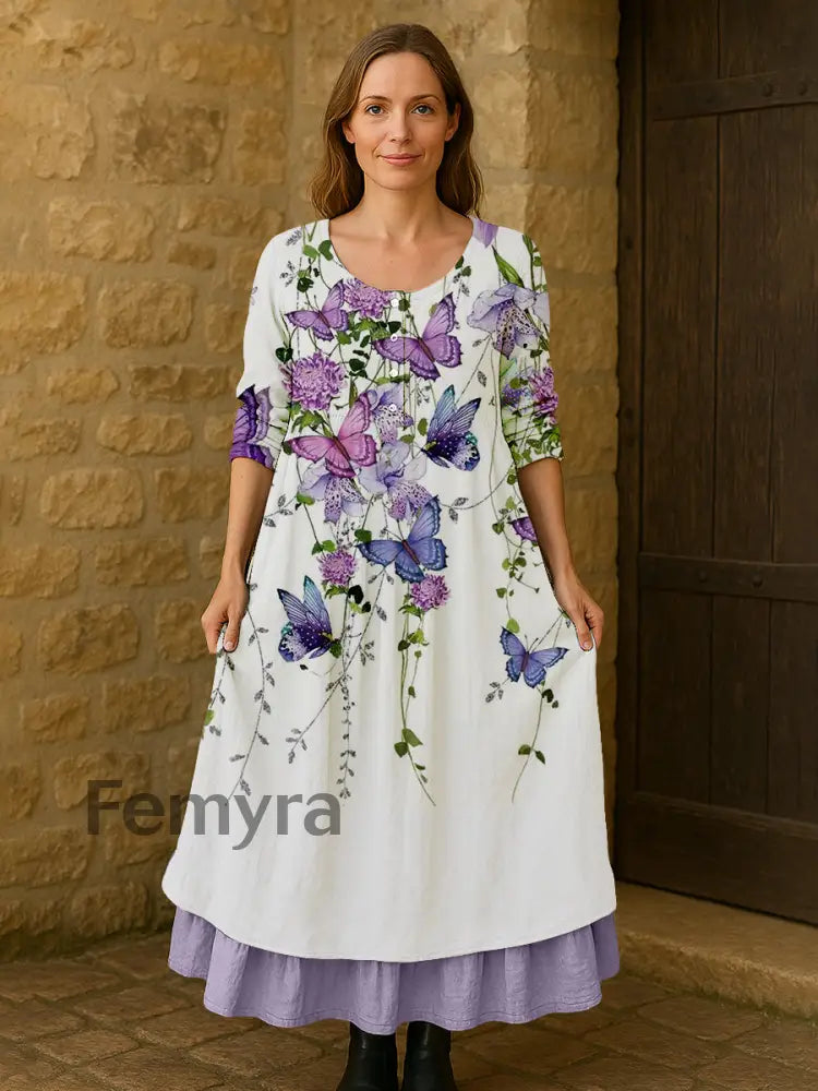 Women’s Purple Butterflies Flowers Print Alzheimer’s Awareness Support Dress