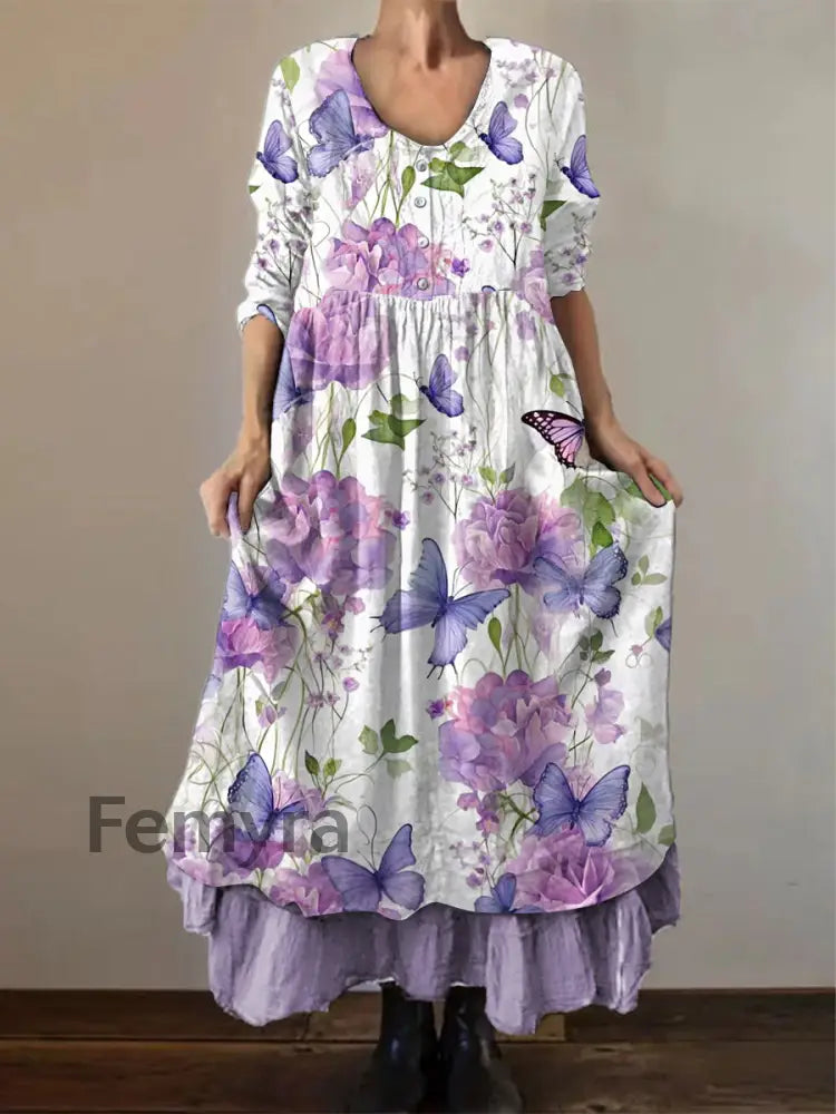 Women’s Purple Butterflies Flowers Print Alzheimer’s Awareness Support Dress White / S