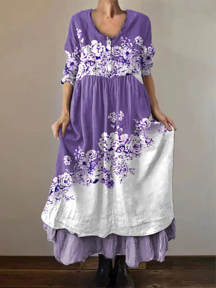 Women’s Purple Flowers Colorblock Print Alzheimer’s Awareness Support Dress Lavender / S