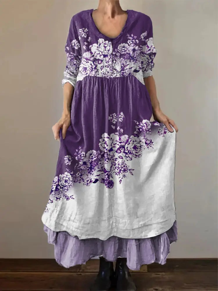 Women’s Purple Flowers Colorblock Print Alzheimer’s Awareness Support Dress Purple / S