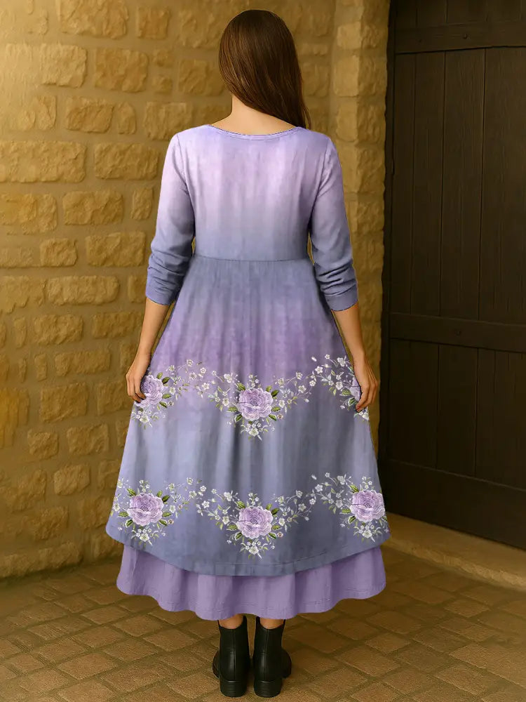 Women’s Purple Flowers Gradient Print Alzheimer’s Awareness Support Dress